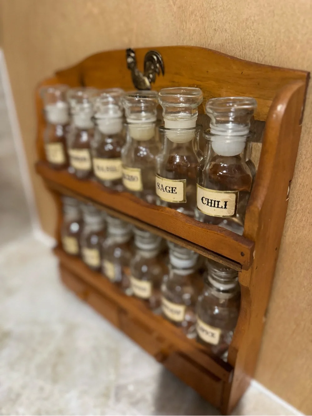 Vintage Wooden Spice Rack with Glass Jars - Brown